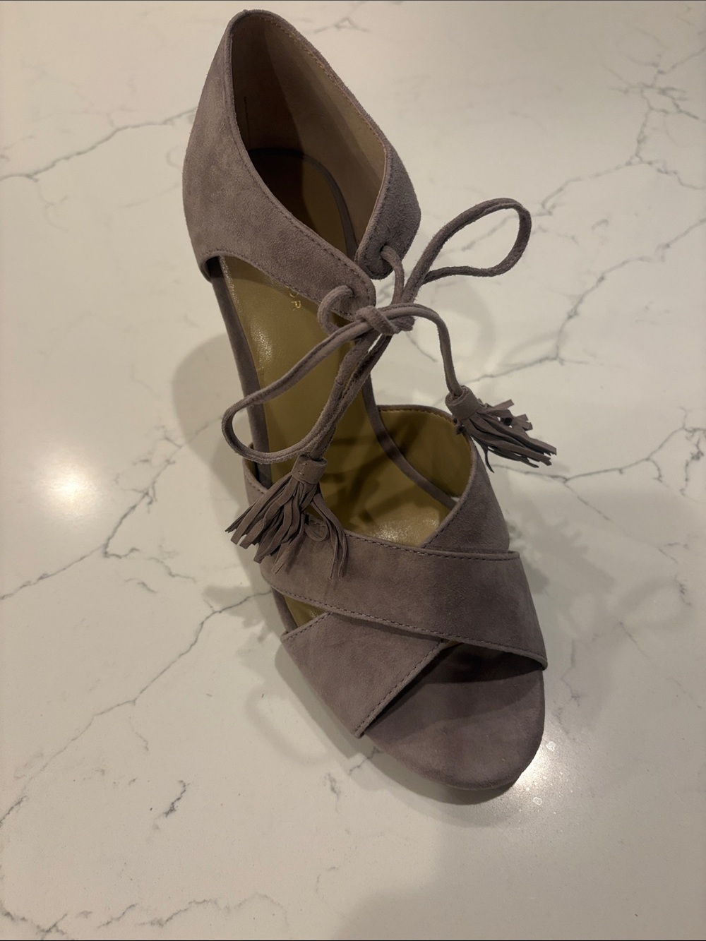 Ann Taylor Suede Lace-Up Tassel Sandal - light gray